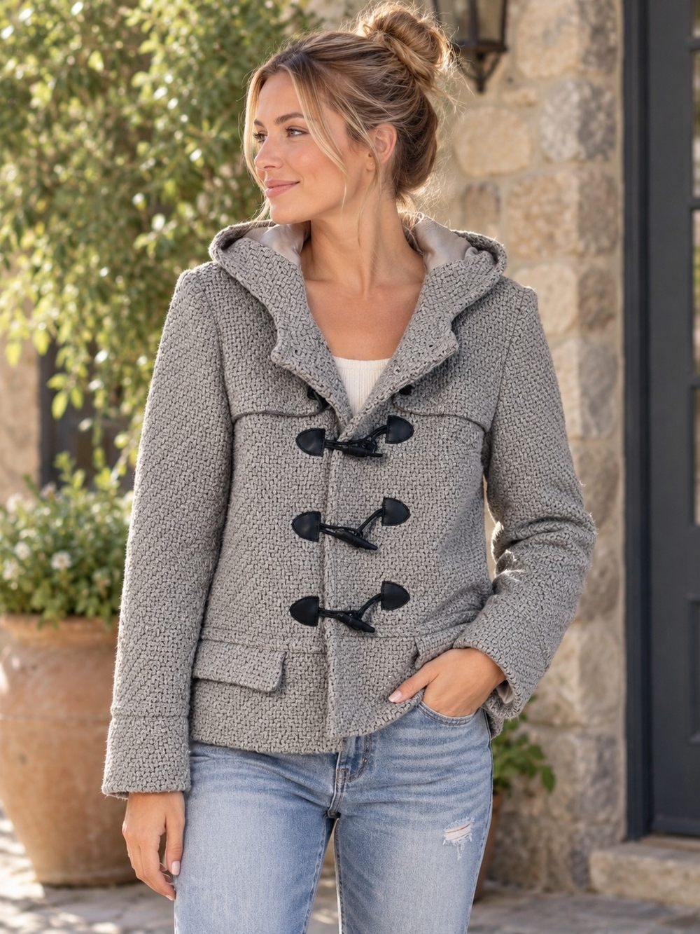Kensie Gray Wool Blend Hooded Toggle Coat Jacket Size L Tweed Duffle